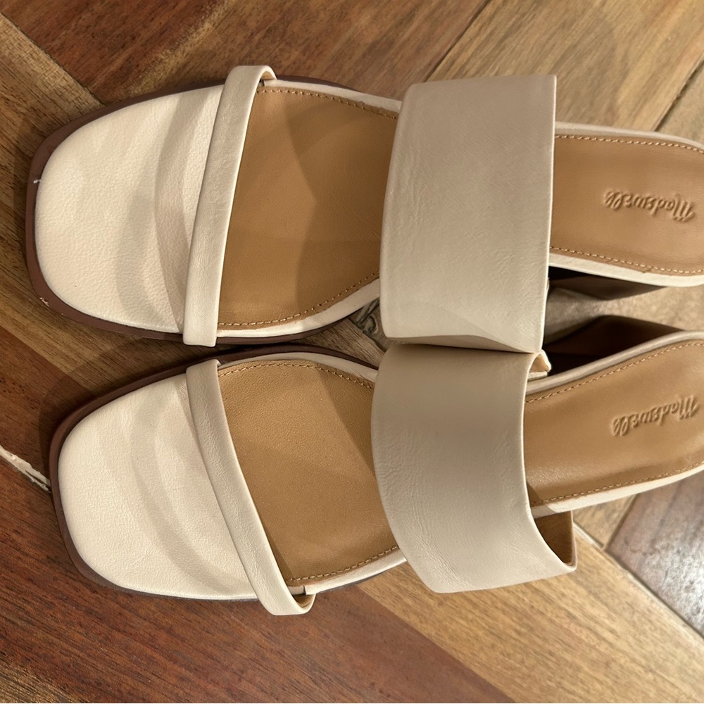 Madewell Cream and Tan Block Heel Slide Sandals - Picture 2 of 5